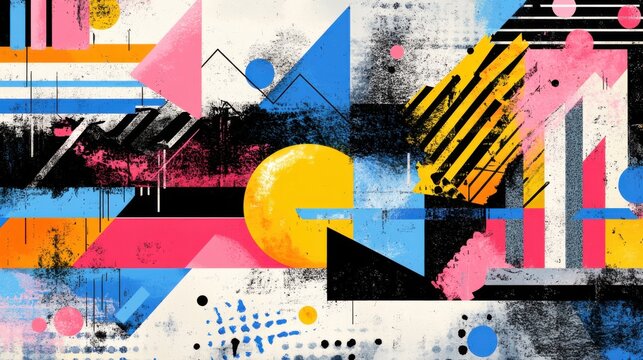 Abstract geometric designs with vibrant postmodern symbols and deconstructed shapes, ideal for high-tech prints and poster art