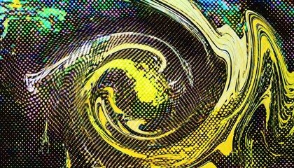 Poster - psychedelic digital swirl with halftone pattern and vibrant yellow waves, abstract fluid motion for futuristic design and art

