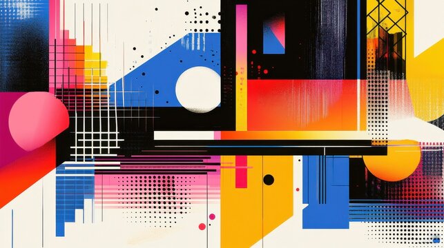 Abstract geometric designs with vibrant postmodern symbols and deconstructed shapes, ideal for high-tech prints and poster art