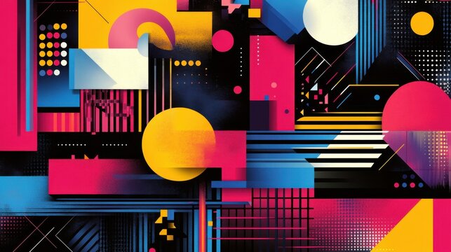 Abstract geometric designs with vibrant postmodern symbols and deconstructed shapes, ideal for high-tech prints and poster art