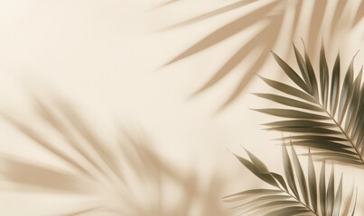 Poster - Elegant Palm Leaf Shadows on Soft Beige Background Creating a Serene and Minimalist Aesthetic for Modern Interior Decoration and Design Projects