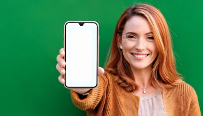 a woman showing smartphone with a blank screen smiling