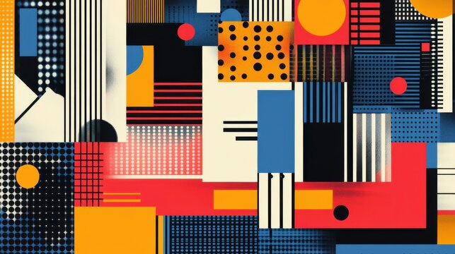 Abstract geometric designs with vibrant postmodern symbols and deconstructed shapes, ideal for high-tech prints and poster art