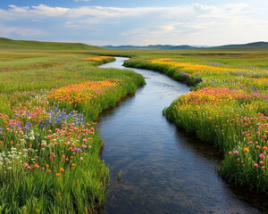 Wall Mural - tranquil river valley views. tranquil river winding through lush valley filled with colorful flowers
