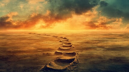 Fototapete - Footprints leading toward a vibrant sunset over a desolate landscape with dramatic clouds. Generative AI