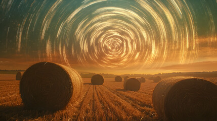 open field with hay bales under a celestial display of swirling star trails