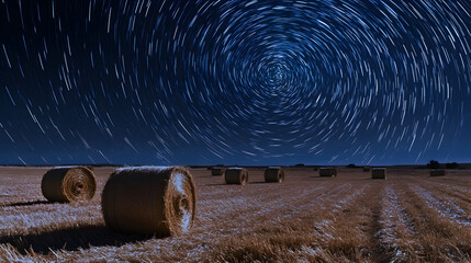 Wall Mural - open field with hay bales under a celestial display of swirling star trails 