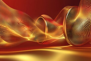 Fototapete - 3D speakers emitting light waves in a captivating blend of red and gold colors within a dynamic soundscape. Generative AI