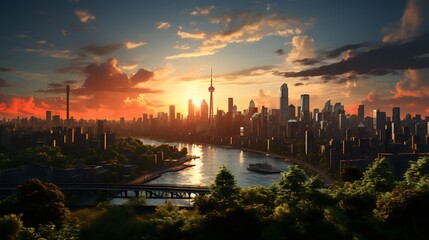 Wall Mural - sunset cityscape panorama, river, bridge, lush greenery