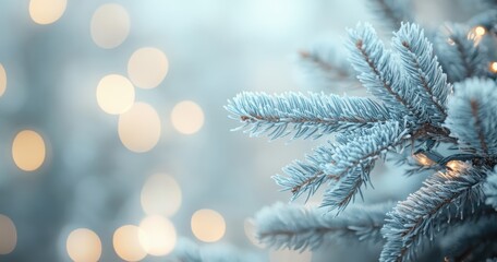 Poster - Frosted Pine Branch with Soft Glowing Lights in the Background, Symbolizing Winter Season and Holiday Spirit.