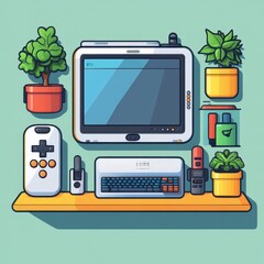 Wall Mural - aesthetic gaming setup featuring vintage game console and modern computer screen with greenery for e