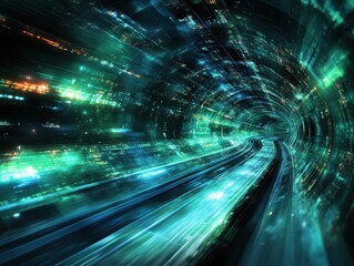Poster - Futuristic abstract light tunnel with vibrant colors and dynamic motion depicting the concept of speed and technology in a digital environment