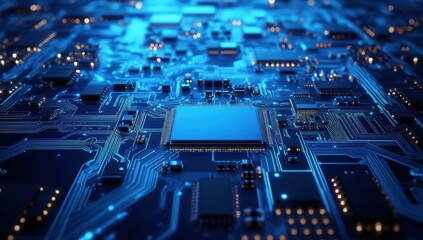 Poster - Futuristic Blue Circuit Board with Microchips and High-Tech Components in a Detailed Close-Up View for Technology and Innovation Visuals