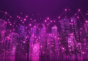 Poster - Futuristic Cityscape with Glowing Lights and Networking Connections in Vibrant Purple and Pink Tones for Digital Background or Technology Concepts