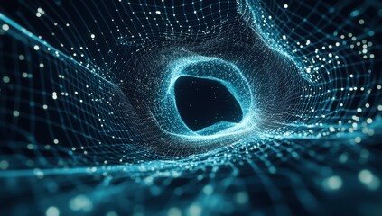 Poster - Futuristic digital landscape featuring glowing blue particles and a network of lines creating a three-dimensional tunnel effect in a dark environment