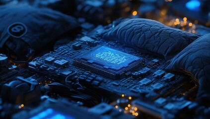 Poster - Futuristic Microchip on High-Tech Circuit Board with Soft Padding and Glow, Surrounded by Electronic Components and Delicate Light Effects