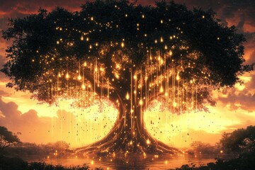Aufkleber - Majestic tree adorned with glowing lights beside tranquil water during sunset. Generative AI