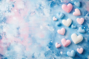 Aufkleber - Colorful hearts scattered on a textured blue and pink background creating a cheerful atmosphere for celebrations or crafts. Generative AI