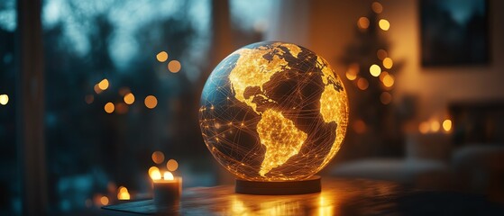 Poster - Digital Earth globe with illuminated network lines above a blurred city