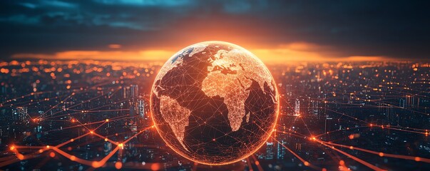 Poster - Futuristic Earth globe with radiant network lines and nodes