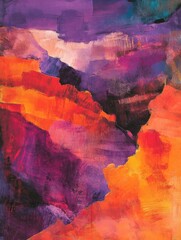 Poster - Colorful abstract painting featuring vibrant hues representing a mountainous landscape at sunset. Generative AI
