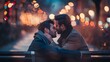 © chartchai - Two Men Share a Tender Moment on a Park Bench Under Glowing City Lights