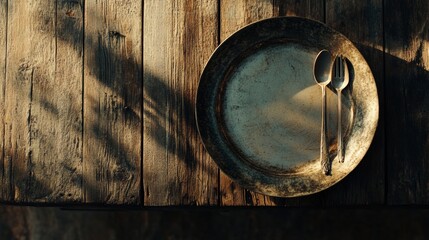 Aufkleber - Metal plate with vintage silverware on rustic wooden table in soft afternoon light. Generative AI