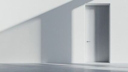 Poster - Minimalist design of a white door with vertical lines casting shadows in an empty room with soft natural light creating a calm atmosphere