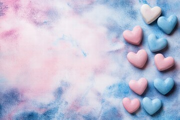Aufkleber - Colorful heart shaped candies arranged on a pastel background during a creative dessert display. Generative AI