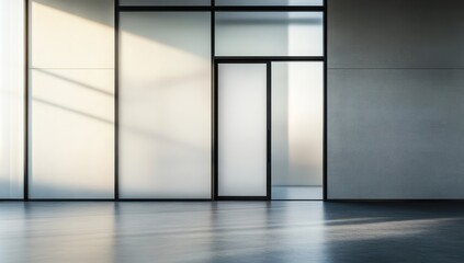 Poster - Minimalist interior space with large windows, soft natural light, modern design, and empty floor emphasizing tranquility and simplicity in architecture