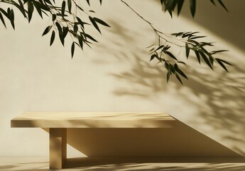 Poster - Minimalist wooden table with soft shadows and green leaves against a beige background for calming interior design concepts