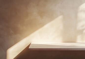 Poster - Minimalistic wooden table against a soft sunlight wall in a warm-toned room, creating a tranquil and inviting atmosphere for design ideas.