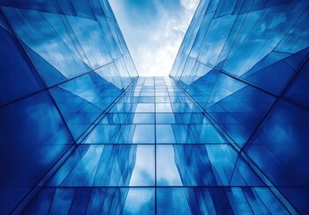 Poster - Modern architecture with glass facade reflecting clouds and sky, showcasing sleek lines and symmetry in urban environment, creating a stunning visual effect