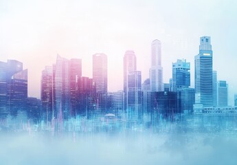Poster - Modern City Skyline with Abstract Digital Elements and Soft Color Tones Representing Technology and Innovation in Urban Development