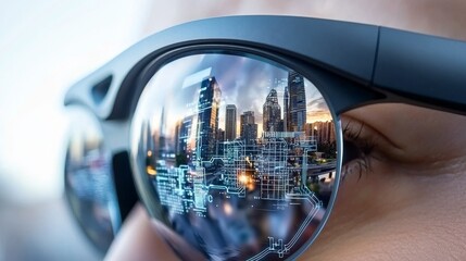 Aufkleber - Futuristic Smart Glasses Displaying Urban Landscape City Center Technology Image Daytime Close-up Innovation