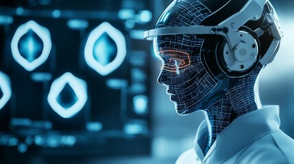 Aufkleber - Futuristic AI Robot Doctor Analyzing Patient Data High-Tech Medical Facility Digital Art Sci-Fi Environment Close-Up View
