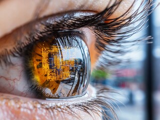 Aufkleber - Close-Up of Human Eye Reflecting Digital World Urban Setting Photography Detailed Perspective Technology Concept