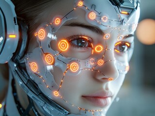 Aufkleber - Futuristic Cyborg Woman with Illuminated Features Sci-Fi Laboratory Digital Portrait High-Tech Environment Close-Up Perspective