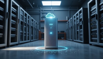 Poster - Cloud server tower glowing in industrial warehouse, digital technology