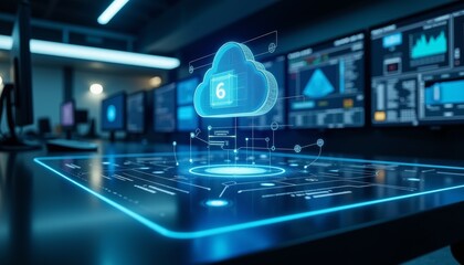Poster - Futuristic cloud computing interface in high-tech control room, innovation