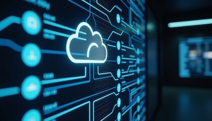 Poster - Futuristic cloud database with digital data flows in dark space, innovation