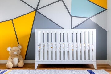 Poster - A clean, modern baby nursery with simple geometric wall decals and a sleek white dresser