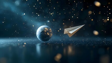 Leinwandbilder - A mesmerizing celestial scene depicts planet Earth suspended in the vastness of space illuminated by soft golden light  A white paper airplane glides effortlessly around the globe
