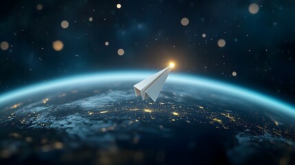Aufkleber - A mesmerizing celestial scene depicting planet Earth suspended in the vast expanse of space illuminated by a soft golden glow  A white paper airplane glides effortlessly around the planet