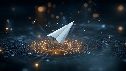 Aufkleber - Futuristic dreamscape depicting Earth hovering in a radiant cosmic void surrounded by shimmering stardust and light trails  A crisp white paper airplane moves dynamically through the scene