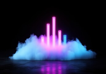Poster - Neon Light Bars Emerge from Colorful Smoke with Dark Background in a Modern Geometric Design for Music and Technology Themes