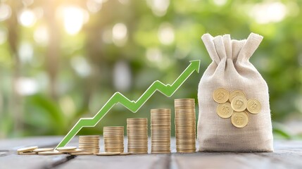 Leinwandbilder - Symbolic image representing economic growth financial success and increasing profitability featuring multiple layers of stacked gold coins a well secured money bag with a prominent dollar emblem
