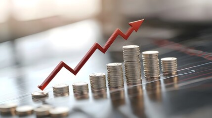 Poster - A futuristic financial growth depiction with metallic gold coin piles arranged in an increasing manner highlighted by a dynamic red upward trending arrow that follows a zigzag path