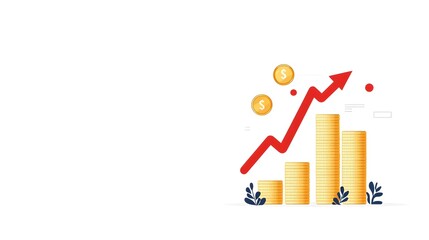 Leinwandbilder - Conceptual showcasing the progressive rise in wealth and financial growth represented by stacks of polished gold coins and a sharp upward arrow symbol against a minimalist white background