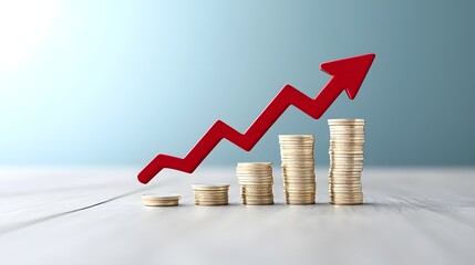 Poster - Upward Economic Progress and Investment Success with Shimmering Gold Coin Stacks Growing in Height and a Red Jagged Upward Arrow Signifying Increasing Revenue and Business Development